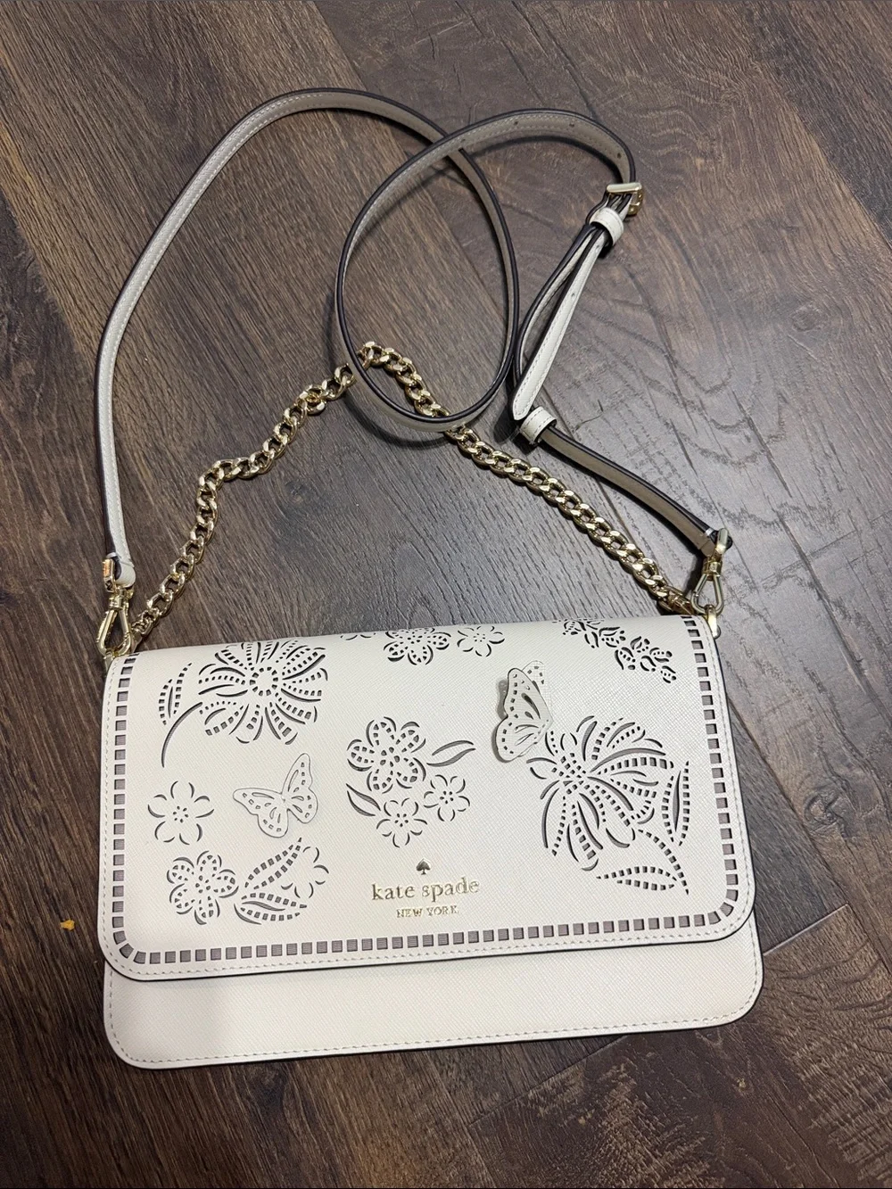 kate spade Cream Floral & Butterfly Cutout Leather Crossbody with Gold Chain